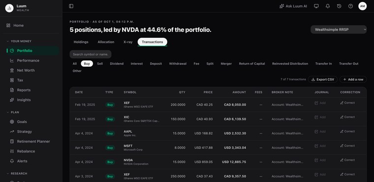 The same trades recorded in Luum, shown as a dated transaction history with quantities, prices and amounts in their own currency